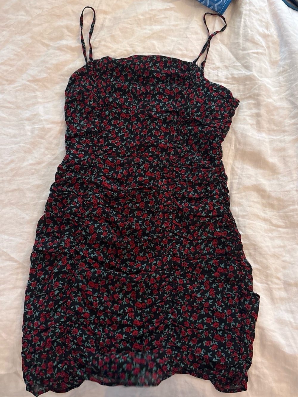 Floral Ruched Black & Red Spaghetti Strap Dress reformation